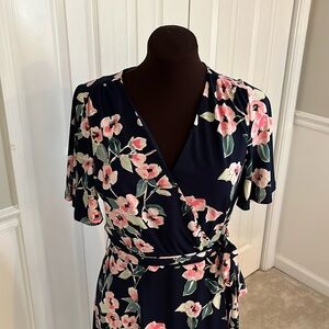 Eliza J flutter midi sleeve wrap dress. Navy with pink and white flowers.Size 12